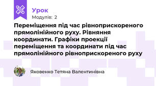 Переміщення під час рівноприскореного прямолінійного руху. Рівняння координати. Графіки проекції переміщення та координати під час прямолінійного рівноприскореного руху