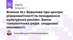 Вчення М.І. Вавилова про центри різноманітності та походження культурних рослин. Закон гомологічних рядів  спадкової мінливості.