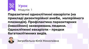 Паразитичні одноклітинні евкаріоти (на прикладі дизентерійної амеби,  малярійного плазмодія). Профілактика паразитарних (інвазійних) захворювань людини. Одноклітинні евкаріоти – предки багатоклітинних видів. 