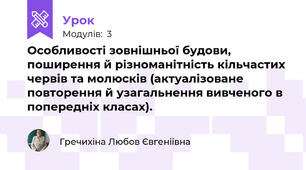 Особливості зовнішньої будови, поширення й різноманітність кільчастих червів та молюсків (актуалізоване повторення й узагальнення вивченого в попередніх класах).