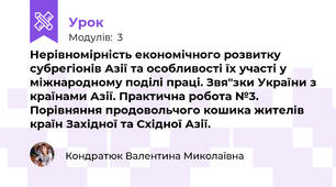 Нерівномірність економічного розвитку субрегіонів Азії та особливості їх участі у міжнародному поділі праці. Звя"зки України з країнами Азії. Практична робота №3. Порівняння продовольчого кошика жителів країн Західної та Східної Азії. 