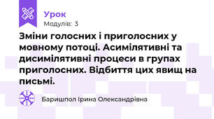 Зміни голосних і приголосних у мовному потоці. Асимілятивні та дисимілятивні процеси в групах приголосних. Відбиття цих явищ на письмі.