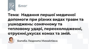  Тема:  Надання першої медичної допомоги при різних видах травм та ушкоджень: сонячному та тепловому ударі, переохолодженні, отруєнні,укусах комах та змій.