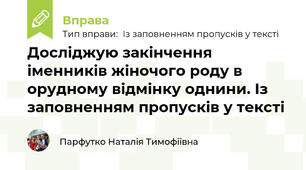 Досліджую закінчення іменників жіночого роду в орудному відмінку однини. Із заповненням пропусків у тексті