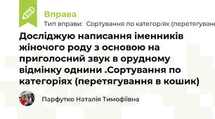 Досліджую написання іменників жіночого роду з основою на приголосний звук в орудному відмінку однини .Сортування по категоріях (перетягування в кошик)